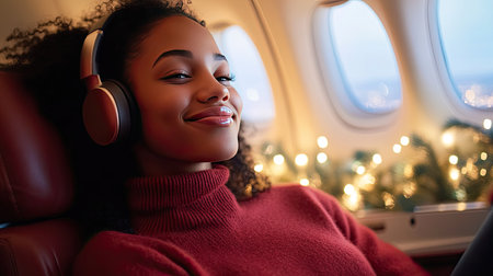 A joyful woman, comfortably seated on a plane, listening to music on her wireless headphones, with a cheerful lookの素材