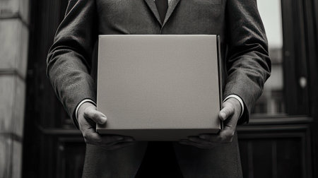 A businessman holds a box of belongings, close-up on his hands as he prepares to leave after being laid off.の素材