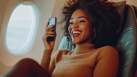 A cheerful woman, sitting comfortably in an airplane, chatting on her phone with a happy and excited expressionの素材