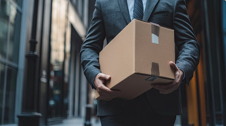 A businessman holding a box of stuff, close-up on his hands as he walks away after a layoff.の素材