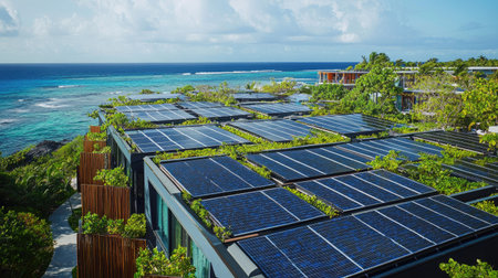 A hotel rooftop lined with solar panels, promoting sustainable living on a tropical island.の素材