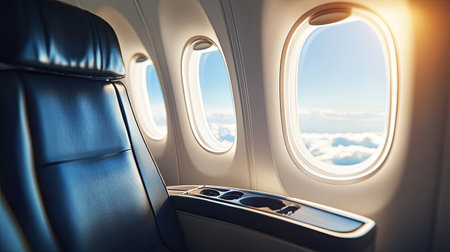 A close-up of empty airplane seats with tray tables stowed and windows slightly open, giving a glimpse of the skyの素材