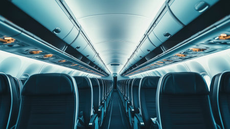 A perspective view down the aisle of an empty airplane, capturing the symmetrical arrangement of seats and overhead binsの素材