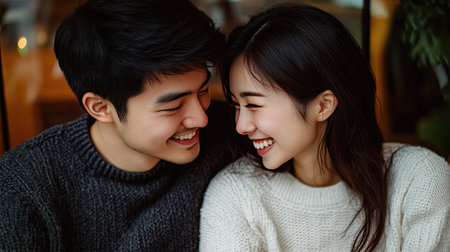 A young Asian couple sitting together, the man gently touching his fiancae's hand, both smiling and sharing a quiet, happy momentの素材