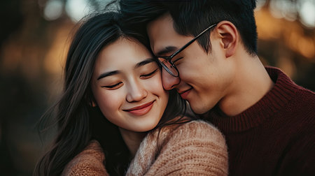 A sweet embrace as a young Asian couple stands close, the woman resting her head on the man's shoulder, both smiling contentedlyの素材