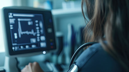 A sphygmomanometer's cuff inflating on a caucasian woman's arm, with focus on the monitor screen showing results.の素材