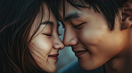 A tender scene of a young Asian couple, noses touching, with eyes closed and serene smiles, enjoying a quiet moment togetherの素材
