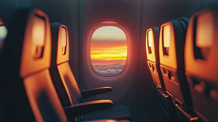 A view of empty airplane seats with a focus on the window and the scene outsideの素材