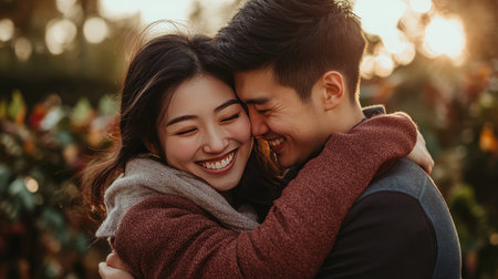 A warm hug between a young Asian couple, the man smiling as he holds his fiancae close, both enjoying the comfort of their embraceの素材