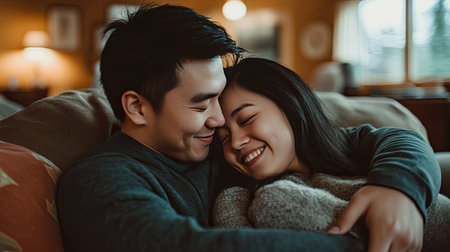 A young Asian couple cuddling on a couch, the man wrapping his arms around his fiancae as they share a cozy, happy momentの素材