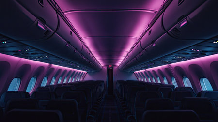 A view of an empty airplane cabin during nighttime, with mood lighting creating a calm and serene atmosphereの素材