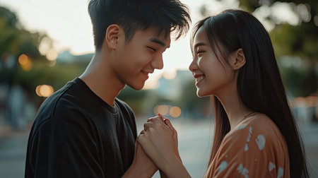 A sweet moment of a young Asian couple holding hands, the man leaning in to whisper something romantic, making his fiancae smileの素材