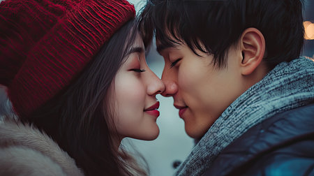A tender kiss on the lips as an Asian couple shares a loving moment, their faces close and expressions full of affectionの素材