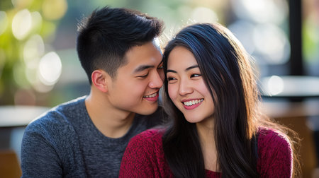 A young Asian couple sitting closely, the man caressing his fiancae's cheek while they share a loving gazeの素材