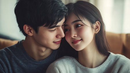 A young Asian couple sitting closely, the man caressing his fiancae's cheek while they share a loving gazeの素材