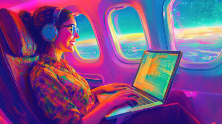 A vibrant image of a woman enjoying her flight, typing on her laptop, with a look of happiness and excitementの素材