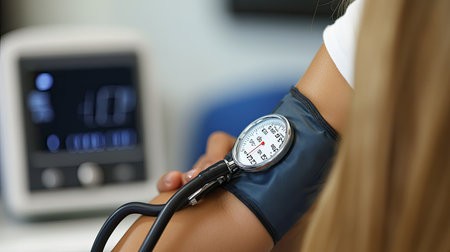 A woman's arm with a sphygmomanometer cuff, inflating during a blood pressure test, with focus on the digital display.の素材