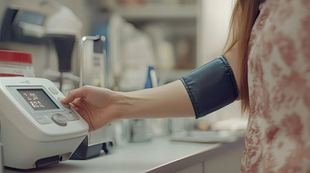 A woman's arm in a sphygmomanometer cuff, inflating during a blood pressure check, with the digital display active.の素材