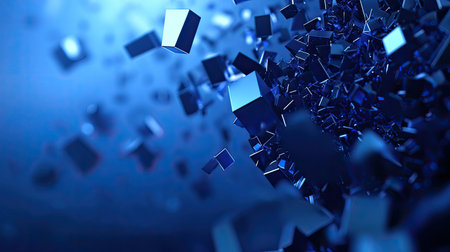 Abstract 3D blue background with fragmented forms and dynamic lighting, creating a sense of movement and intrigue.の素材