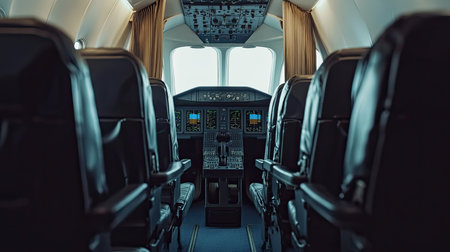 A view of empty seats in an airplane with an open cockpit door, giving a glimpse into the cockpitの素材