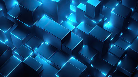 Abstract 3D blue background with geometric shapes and glowing accents, suitable for futuristic and tech-themed designs.の素材