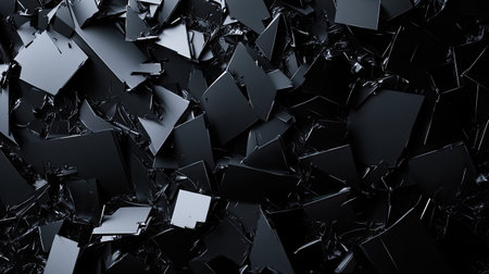 Abstract 3D black background with fragmented forms and dynamic lighting, creating a sense of movement and depth.の素材