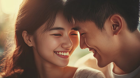 A young Asian couple, smiling and gazing into each other's eyes, sharing a tender moment of love and happiness while cuddling closelyの素材