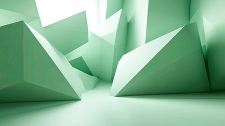 Abstract 3D light green background with geometric shapes and light shadows, creating a sense of depth and elegance.の素材