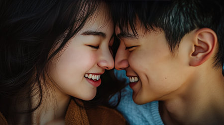A young Asian couple, eyes closed and smiling, sharing an affectionate nose touch, expressing their deep connectionの素材