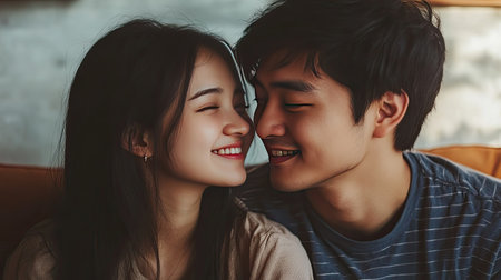 A young Asian couple sitting closely, the man caressing his fiancae's cheek while they share a loving gazeの素材