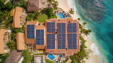 Aerial shot of a hotel's rooftop solar panels, harvesting energy from the island sun.の素材