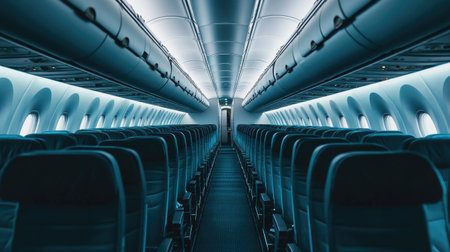 An empty airplane cabin with a clean and modern design, showcasing the aisle and rows of seatsの素材