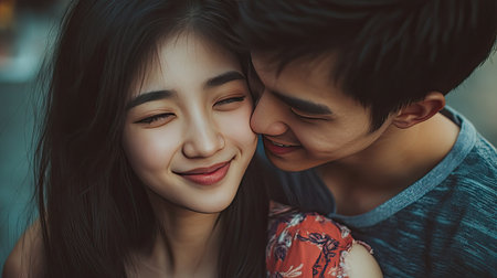 An affectionate embrace between a young Asian couple, the man whispering something sweet into his fiancae's ear, making her smileの素材
