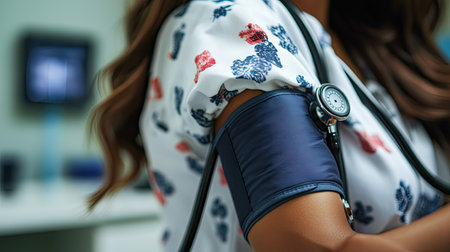Closeup of a sphygmomanometer cuff on a woman's arm, capturing the moment of inflation during a blood pressure check.の素材