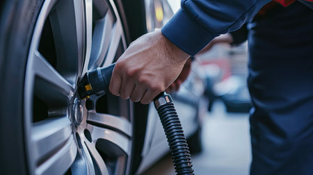 Close-up of a manaes hand inflating a car tire with an air pump, ensuring proper inflation.の素材