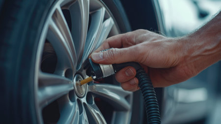 Close-up of a manaes hands using an air pump to inflate a car tire, focusing on the valve.の素材