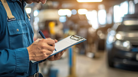 Close-up of a mechanic writing on a clipboard, noting down vehicle inspection details in a garage.の素材