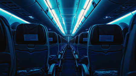 Empty economy class seats in an airplane, illuminated by soft overhead lighting, with visible safety instruction cards in seat pocketsの素材