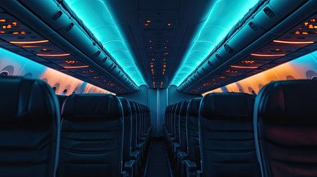 Empty airplane cabin with a focus on the row of seats and the ambient lighting aboveの素材