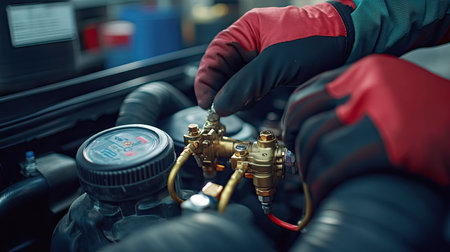 Auto technician using a manifold gauge set to diagnose and refill a car's air conditioning system.の素材