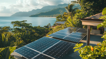 Close-up of solar panels on a hotel rooftop, set against a tropical island backdrop, promoting eco-friendly energy.の素材
