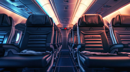 Empty airplane seats with a view of the overhead compartments and emergency exit signsの素材