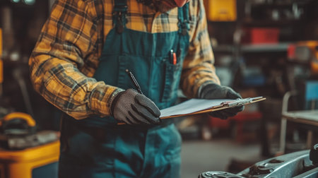 Auto technician in a garage workshop, filling out a repair estimate on a clipboard.の素材