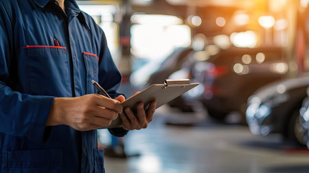 Close-up of a mechanic's hands using a clipboard to document vehicle repair needs in a garage.の素材