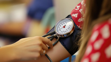 Closeup of a sphygmomanometer cuff on a woman's arm, capturing the moment of inflation during a blood pressure check.の素材