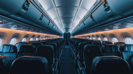 Empty airplane cabin with neatly arranged seats and seatbelts fastened, showcasing the spacious and clean environmentの素材