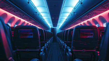 Empty economy class seats in an airplane, illuminated by soft overhead lighting, with visible safety instruction cards in seat pocketsの素材