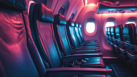 Empty window and aisle seats in an airplane cabin, with a view of the interior decor and ambient lightingの素材