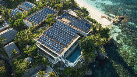 Hotel rooftop with solar panels, utilizing sunlight for sustainable energy in an island setting.の素材