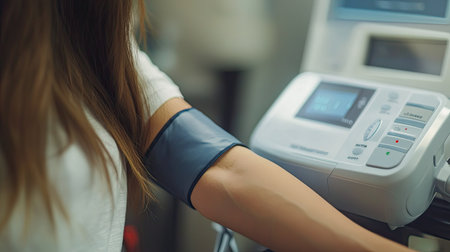 Closeup of a woman's arm during a blood pressure check, with the electronic cuff inflating and monitor active.の素材